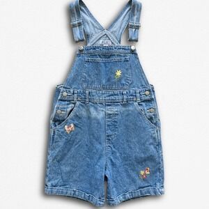 Vintage Jet Set Denim Shortalls Girls Size 16 Blue Floral‎ Butterfly Embroidered